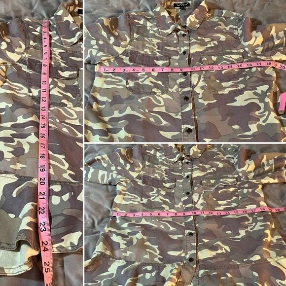 VELVET HEART Camo Button Down Shirt Bottom Ruffle Green S - Picture 13 of 13